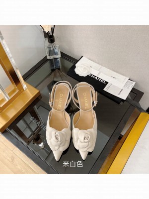 Chanel Camellia Lambskin Mid-Heel 5cm Slingback Pumps 2022 Collection,Cream