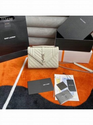 SAINT LAURENT ENVELOPE MEDIUM BAG IN MIX MATELASSe GRAIN DE POUDRE EMBOSSED LEATHER 600185 BLANC VINTAGE&SILVER