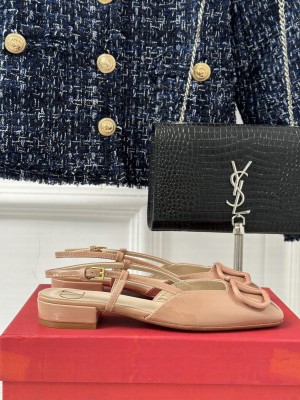 Valentino Metal-Tone VLogo Leather Slingback Sandals Beige