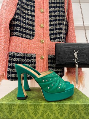 Gucci Leather Platform Slide Sandal 11cm with GG and Studs 2023 Green