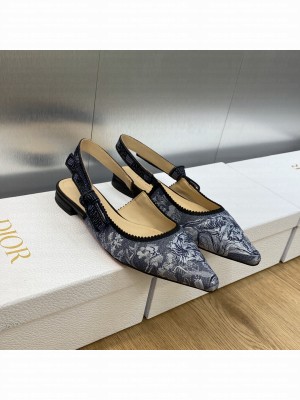 Dior J'Adior Slingback Flats in Embroidered Cotton Navy