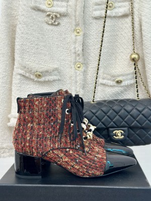 Chanel Tweed & Patent Pointed Toe Boot 2024 Red