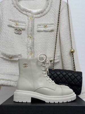 Chanel Calfskin 3.5cm Lace-up Ankle Boots 2023 Cream