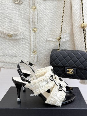 Chanel Fabric Trim Bow Heel 8cm Sandals 2025 White