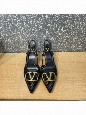 Valentino VLogo Slingback Pumps 8cm With Woven Leather Black 2022 Collection
