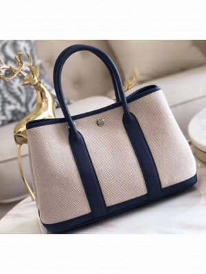 Hermes Canvas Garden Party 30/36 Bag Navy Blue/Creamy