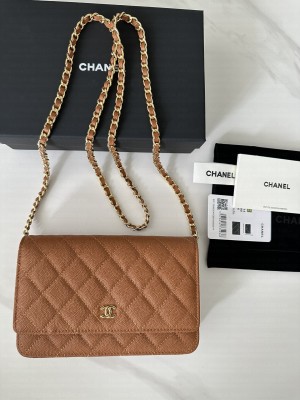 Chanel Caviar Leather & Gold-Tone Metal Wallet On Chain WOC Bag A33814 Brown