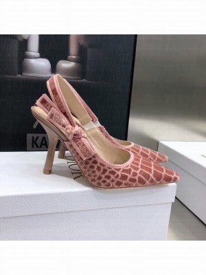 Dior J'Adior Slingback Pumps 9.5cm in Pink Crocodile-Effect Embroidered Velvet 2021 Collection