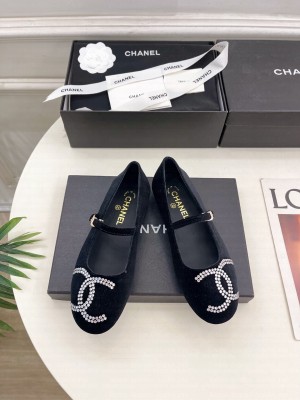 Chanel mary janes velvet CC crystal logo black 2025