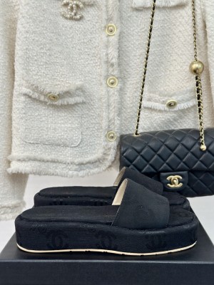 Chanel CC Denim Platform Slides Sandal 4cm Black 2024