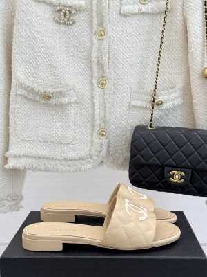 Chanel Quilted Velvet CC Logo Slide Flat Beige 2025