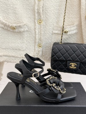 Chanel Lambskin With Camellia Chain 7.5cm Sandals Black 2025