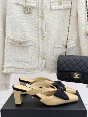Chanel Lambskin Heel Mules with Bow Beige 2025