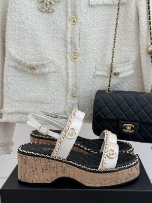 Chanel platform double C with chain sandals White leather 2025
