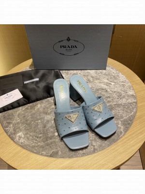 Prada 6.5cm ostrich skin slides sandals Mule2022 Collection Blue