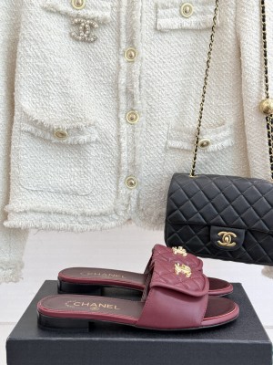 Chanel Quilted Lambskin Heel Slides Sandal 5cm with Foldover Burgundy 2025 