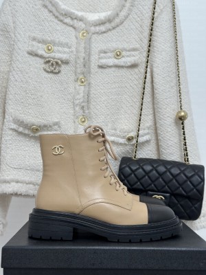 Chanel Calfskin 3.5cm Lace-up Ankle Boots 2023 Beige