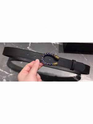 Gucci Width 3cm Leather Belt Black with Blue Crystal Dionysus Buckle