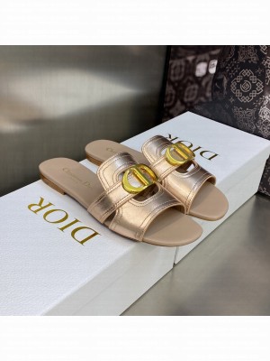Dior 30 Montaigne Flat Slide Sandals in Rose Gold Metallic Calfskin 2023