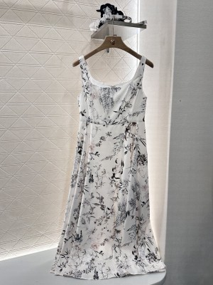 Christian Dior Dress With Belt White Cotton Muslin with Multicolor Millefiori Motif