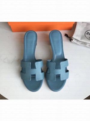 Hermes Heel 5cm Oasis Slipper Sandals in epsom Leather blue jean