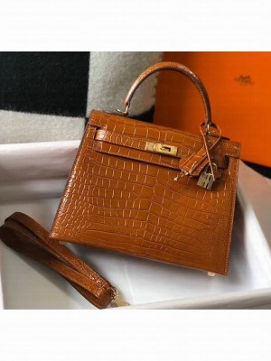 Hermes Kelly 25cm/28cm in Crocodile Embossed Calf Leather Brown 2020 (Half Handmade) Collection