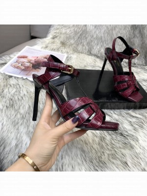 Saint Laurent YSL Stone Embossed Leather High-Heel Sandals 10cm Fuchsia Red 06 2021 Collection