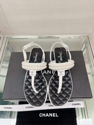 Chanel Grosgrain Pearl CC Thong Sandals White