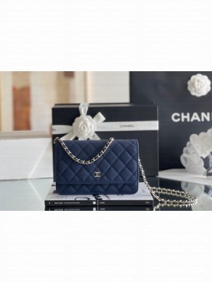 Chanel Grained Calfskin Classic Wallet on Chain WOC Navy Blue/Light Gold 2024 Top Quality