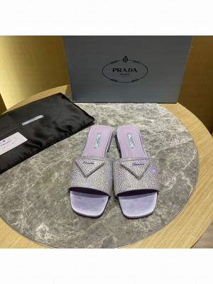 Prada Satin Flat slides sandals With Cryscals 2022 Collection，Purple