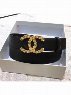 Chanel Width 3cm Calfskin Belt With Crystal CC Buckle Black 2020 Collection