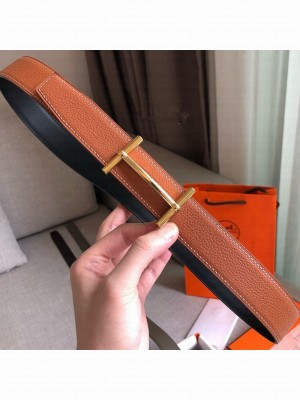 Hermes H D'Ancre Reversible Leather Buckle Belt 32mm Khaki/Gold 2019 Collection