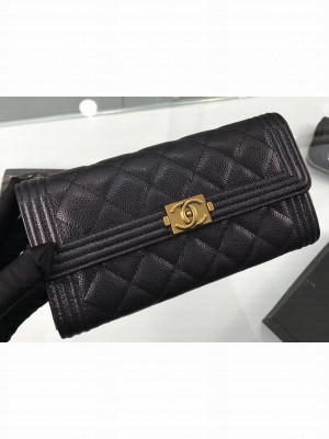 Chanel Grained Calfskin Boy Long Flap Wallet A80286 Black/Gold