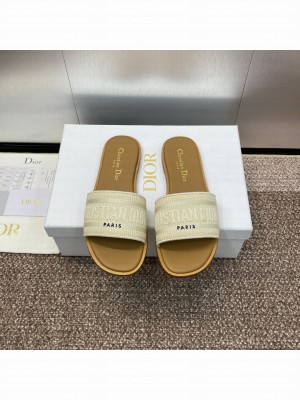 Christian Dior Dioriviera Dway Slide Natural Raffia and White Embroidered Cotton