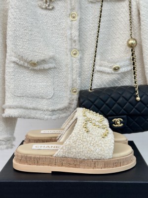 Chanel Calfskin Heel Slides Sandal 4cm with Camellia Bloom 04