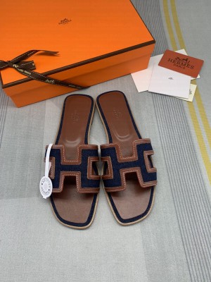 Hermes Oran Denim Flat Slide Sandals 0106 2022 Collection