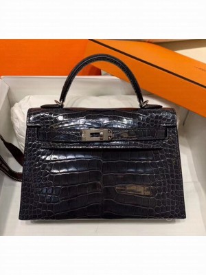 Hermes Mini Kelly II Handbag in Glossy Real Alligator Leather Deep Grey (Handmade) Collection
