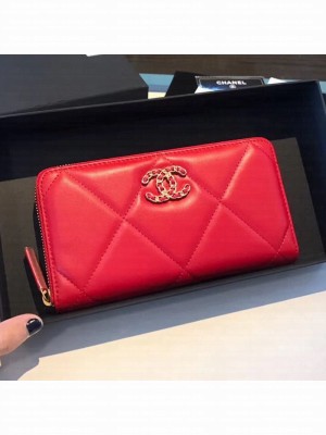 Chanel 19 Goatskin Long Zipped Wallet AP1063 Cerise Red 2019 Collection