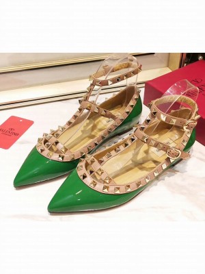Valentino Rockstud Caged Ankle Strap Ballet Flats Ballerinas in Patent Leather Green