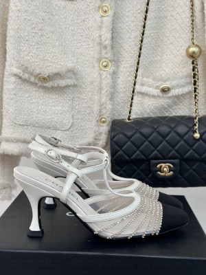 Chanel Lambskin 8.5cm Crystal Mesh Slingbacks White 2024