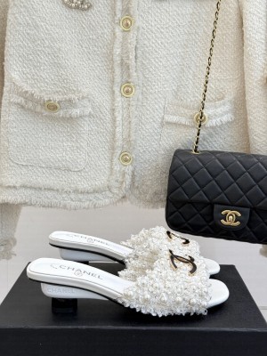 Chanel Tweed & Pearls Heel Slides Mule White 2025 