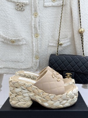 Chanel cotton platform double C slipper beige heel 8cm 2025