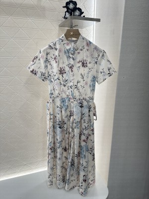Christian Dior Mid-Length Belted Dress Cotton Muslin with Multicolor Millefiori Motif