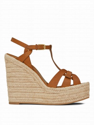 Saint Laurent Women's Tribute Espadrilles Wedge In Smooth Leather Coffee