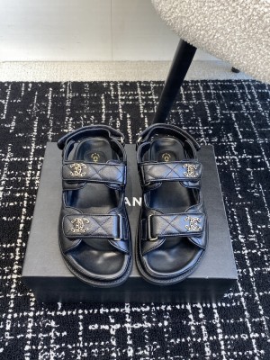 Chanel Grained Calfskin Velcro Dad Sandals Black 2025