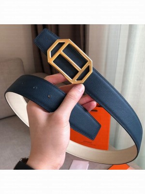 Hermes Pad Reversible Leather Buckle Belt 38mm Blue 2019 Collection