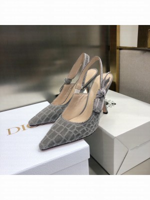 Dior J'Adior Slingback Pumps 9.5cm in Grey Crocodile-Effect Embroidered Velvet 2021 Collection