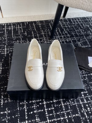 Chanel Calfskin Gold CC Logo Loafer White