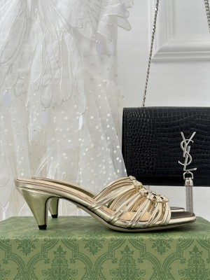 GUCCI WOMEN'S CRYSTAL INTERLOCKING G LAMBSKIN SANDAL GOLD