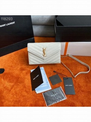 SAINT LAURENT ENVELOPE CHAIN WALLET IN GRAIN DE POUDRE EMBOSSED LEATHER 393953 white